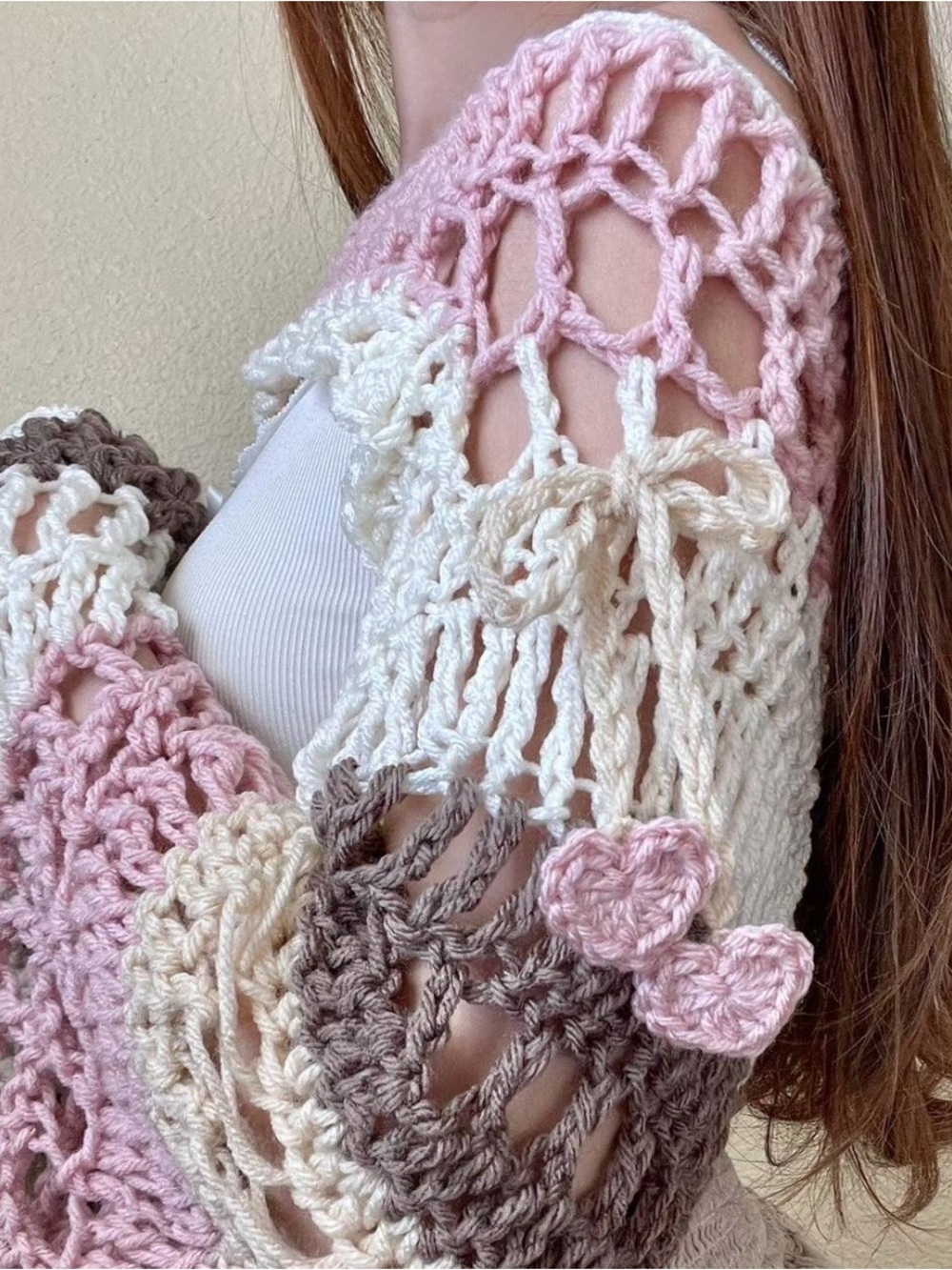 SOLDHandmade crochet balletcore bolero shrug pink brown bow and hearts coquette - Picture 6 of 7